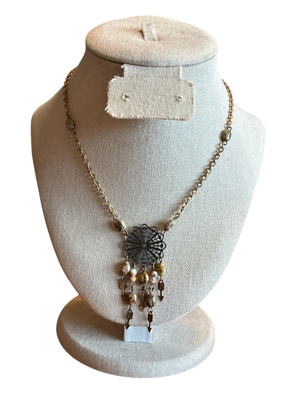 Vintage Gold-Tone Filigree Dream Catcher Pendant Necklace with Bead Tassels